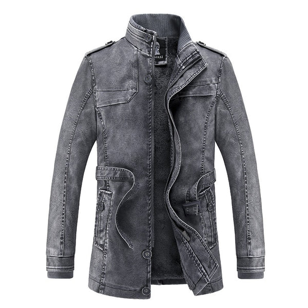 Men Long Leather Jacket 2018 New Fashion Style Stand Waist Belt Washed PU Leather Coats Trench Male Motorcycle Windbreaker D12