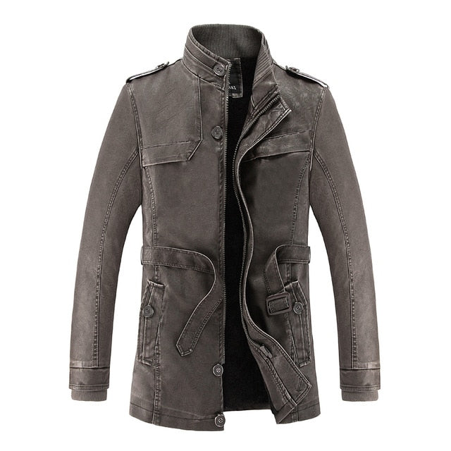 Men Long Leather Jacket 2018 New Fashion Style Stand Waist Belt Washed PU Leather Coats Trench Male Motorcycle Windbreaker D12