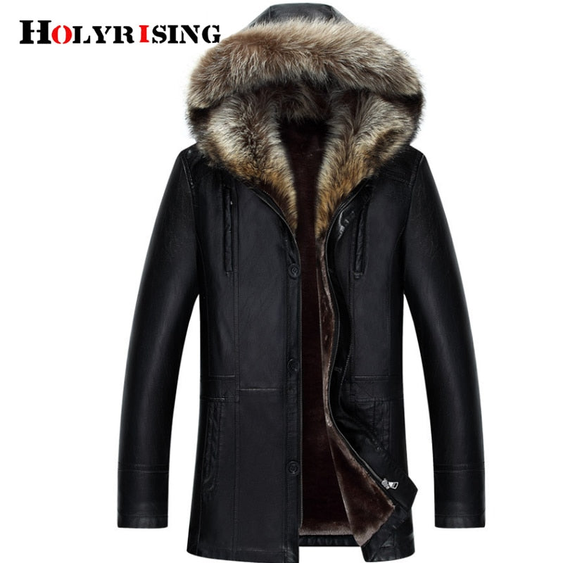 HOlyrising Winter PU Jackets Leather Coat Men's Fur Hooded Faux Leather Jackets Thicken men winter coat Plus Size 3XL 4XL 18296