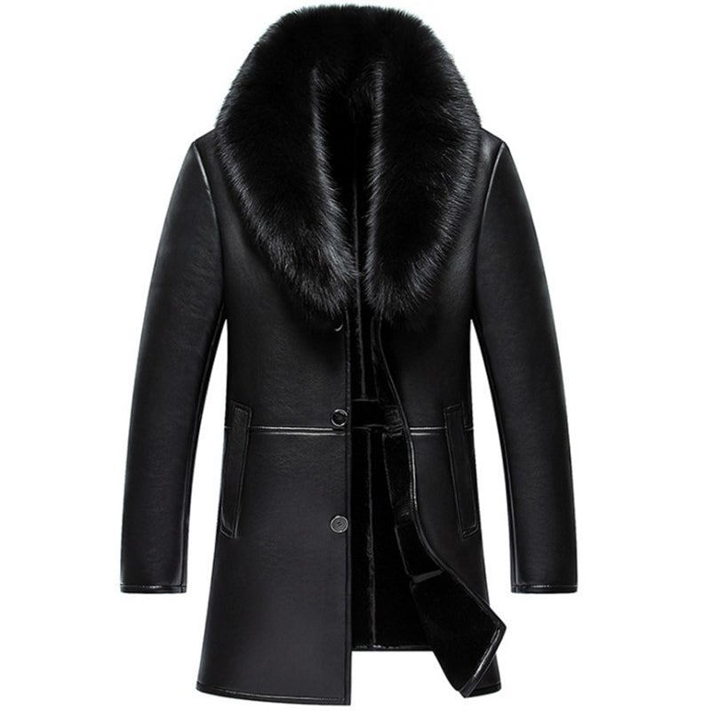 Russian Winter Fox Fur Collar Leather Jacket Men New Business Casual Medium Long Windbreaker Coat Male Sheep Skin Jacket 5XL
