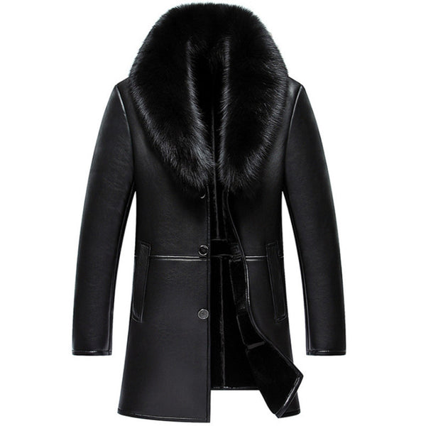 Russian Winter Fox Fur Collar Leather Jacket Men New Business Casual Medium Long Windbreaker Coat Male Sheep Skin Jacket 5XL