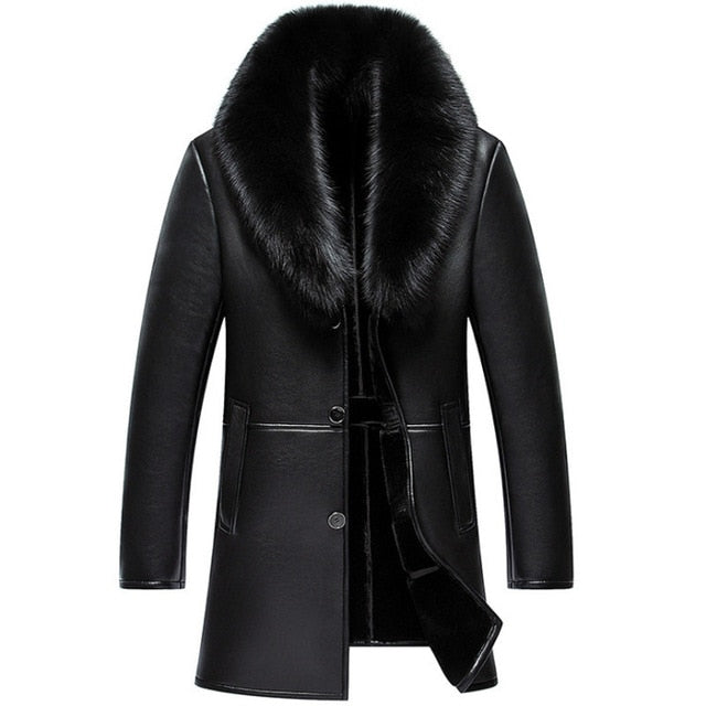 Russian Winter Fox Fur Collar Leather Jacket Men New Business Casual Medium Long Windbreaker Coat Male Sheep Skin Jacket 5XL