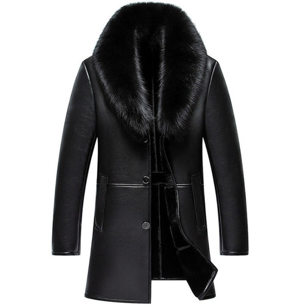Russian Winter Fox Fur Collar Leather Jacket Men New Business Casual Medium Long Windbreaker Coat Male Sheep Skin Jacket 5XL