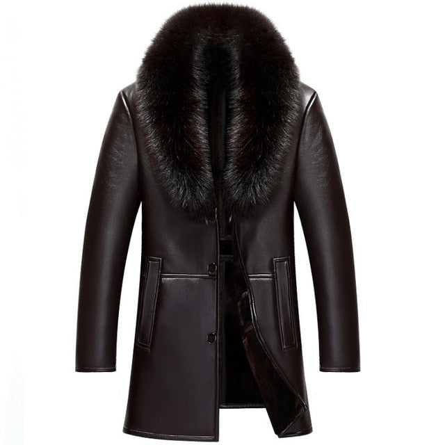 Russian Winter Fox Fur Collar Leather Jacket Men New Business Casual Medium Long Windbreaker Coat Male Sheep Skin Jacket 5XL