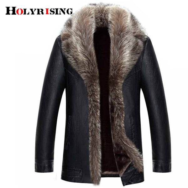 Holyrising Real Raccoon Fur Collar Men Faux Leather Jackets Winter Thicken Coat jaqueta de couro chaqueta Men PU Leather 18536-5