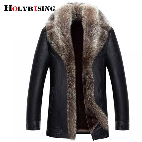 Holyrising Real Raccoon Fur Collar Men Faux Leather Jackets Winter Thicken Coat jaqueta de couro chaqueta Men PU Leather 18536-5