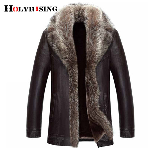 Holyrising Real Raccoon Fur Collar Men Faux Leather Jackets Winter Thicken Coat jaqueta de couro chaqueta Men PU Leather 18536-5