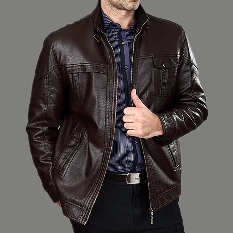 Autumn Middle-aged Men's Leather Jackets Fashion Winter Man With Thick Fur Big Yards Men's Leather Coat  100%cotton M-xxxl