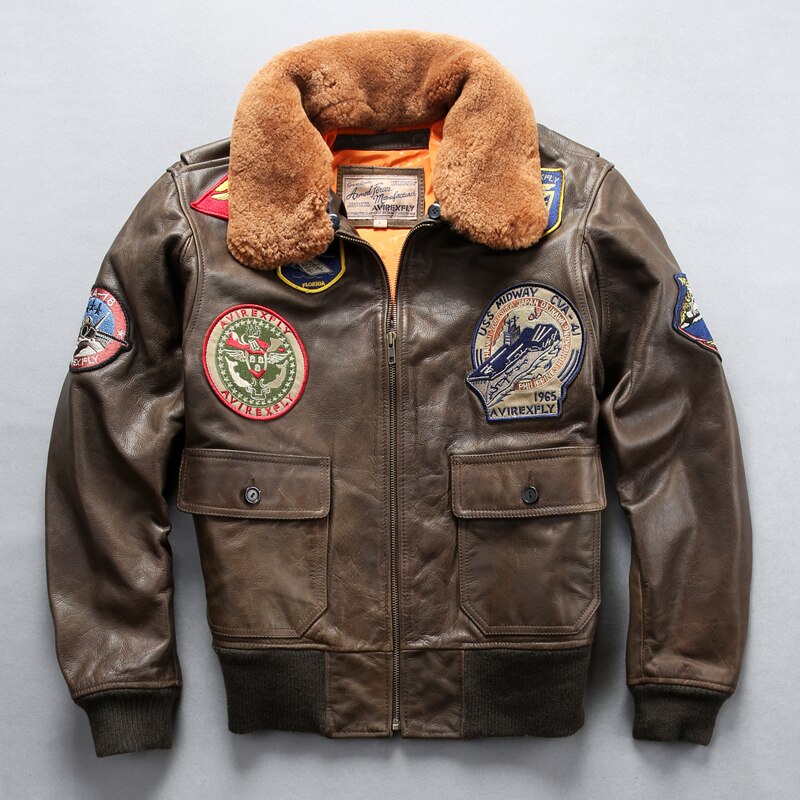 Read Description! Asian size air force flight G1 pilot warm fur collar leather jacket high quality genuine cow leather jacket