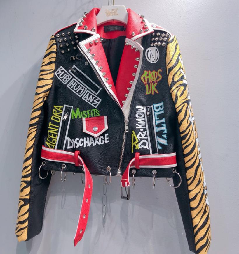2019 Spring New fashion brand Thailand style rivet beading graffiti embroidery cartton locomotive Pu leather short jacket wq845