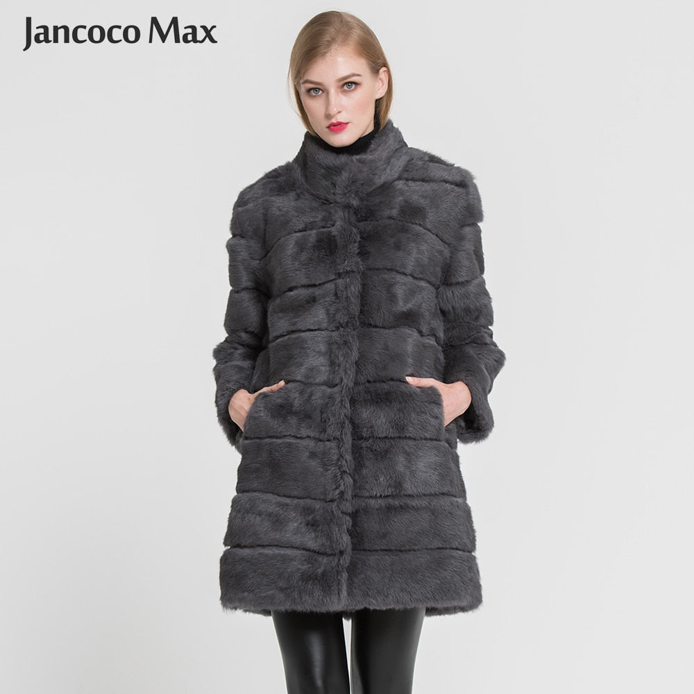 Jancoco Max 2019 New Winter Real Rabbit Fur Jacket Warm Soft Long Fur Coat Women Christmas Dress S1675