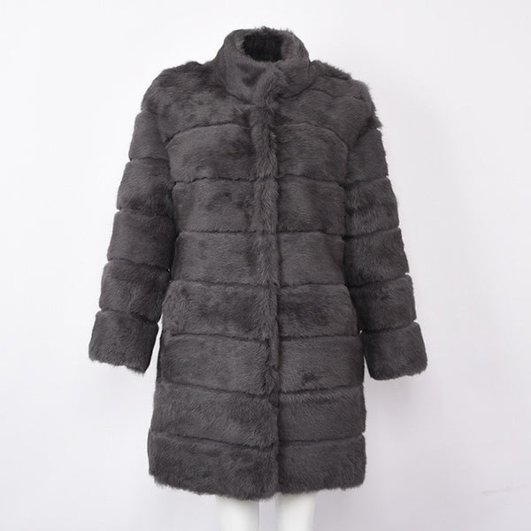 Jancoco Max 2019 New Winter Real Rabbit Fur Jacket Warm Soft Long Fur Coat Women Christmas Dress S1675