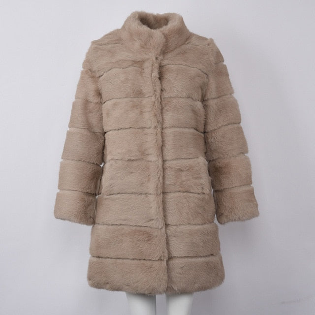 Jancoco Max 2019 New Winter Real Rabbit Fur Jacket Warm Soft Long Fur Coat Women Christmas Dress S1675